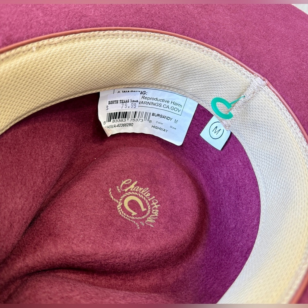 Charlie 1 Horse “Highway” Wool Felt Hat – Burgundy – Size M – NWT - Picture 5 of 5